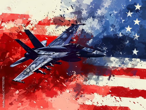 A fighter jet flying over an american flag. photo