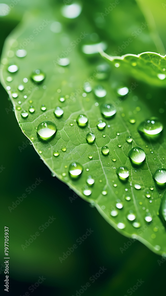Close-up of water droplets on the edge of green leaves Close-up of water droplets on the edge of green leaves