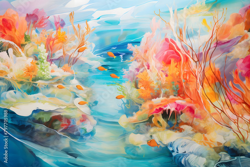 Oceanic Oasis Overture, abstract landscape art, painting background, wallpaper, generative ai