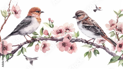 Two birds are sitting on a tree branch covered in beautiful pink flowers photo