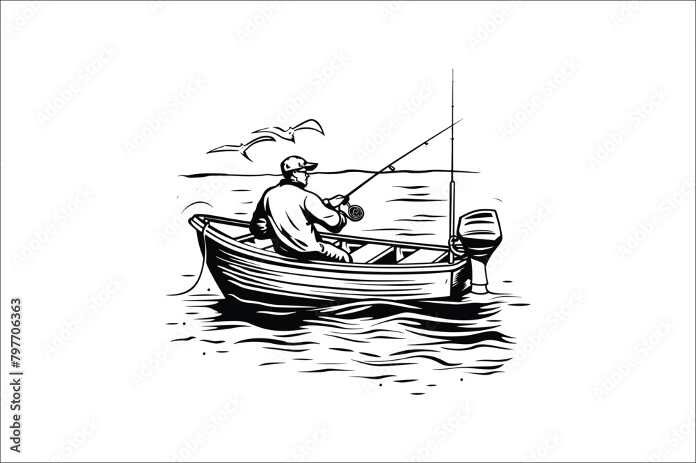 Fishing Silhouette Vector illustration, Silhouette of fishing rod set of fishing silhouette.