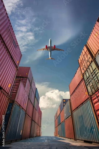 A cargo containers stacked high with a flying airplane in the sky