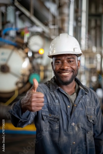 A black male worker smiling and giving a thumbs up on industrial factory © Stocks Buddy