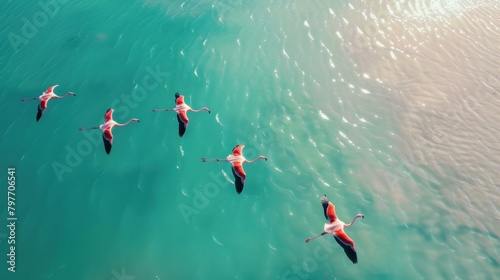 Flamingos in Flight. Turquoise Sea and Avian Elegance