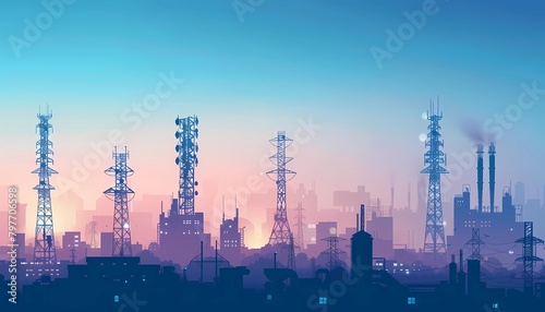 Illustration industry with telecommunications towers and factories at night , concept of modern city infrastructure and network communication