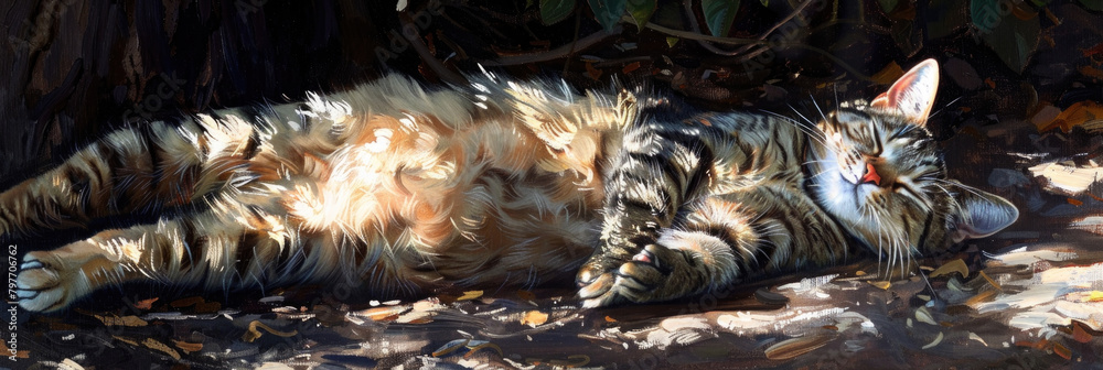 A domestic cat peacefully lying down on the floor, relaxing and enjoying its surroundings
