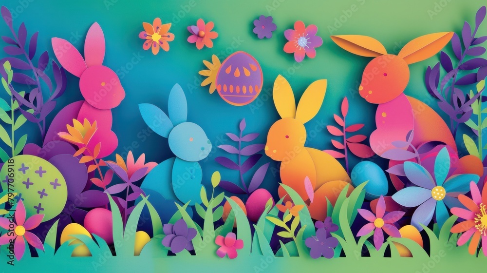 Vibrant Easter greeting card border featuring paper cut design of bunnies, flowers, and eggs.