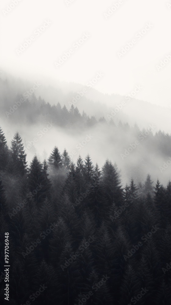 Black and white photo of a foggy forest tree outdoors nature.