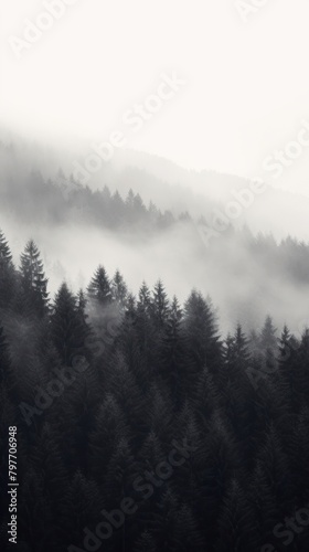 Black and white photo of a foggy forest tree outdoors nature.