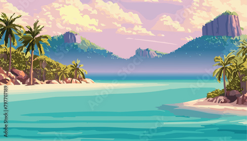 Landscape tropical island and beach with palm trees © Gnevkovska