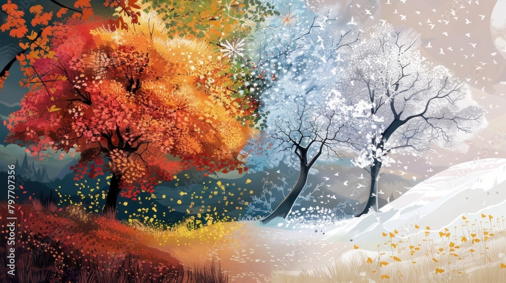 Fantastical World with All Four Seasons in One Scene