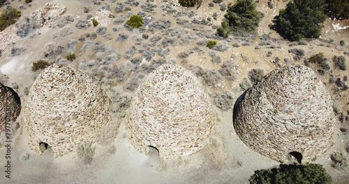 Wildrose Charcoal Kilns - Beehive-shaped Kilns In Death Valley National Park, California. descending drone shot photo