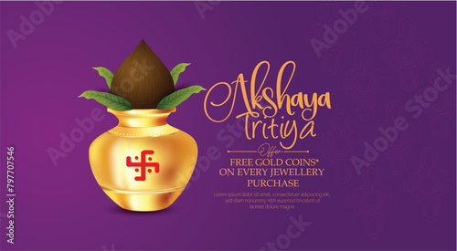 Akshaya Tritiya celebration with a golden kalash fill up with gold coins,  Lotus, Lamps
 photo