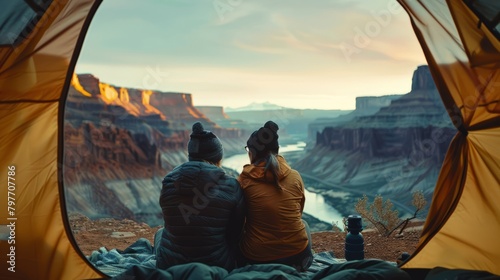 Intimate Wilderness Escape, Two Adventurers Nestled in a Tent Overlooking Grand Canyons