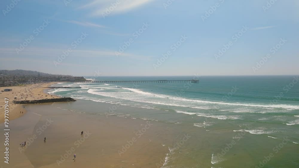 Flying Towards Ocean Beach Pier With Cafe In San Diego, California. drone shot Flying Towards Ocean Beach Pier With Cafe In San Diego, California. drone shot