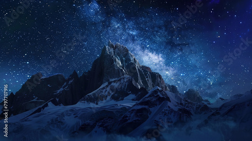 Snow mountain at night with milky way and stars in the sky #797707916