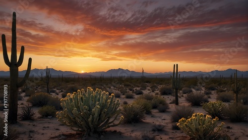 The calming dusk at a desert with cacti silhouetted against a fiery sunset ai_generated