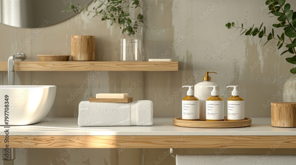 Bathroom Essentials in Sustainable Containers on a Floating Shelf for a Clean Look Bathroom Essentials in Sustainable Containers on a Floating Shelf for a Clean Look