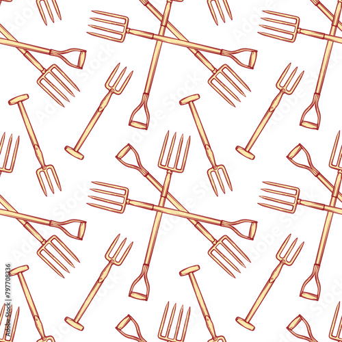 Seamless pattern with pitchforks. Vector illustration of a pitchfork on a white background.