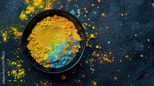 An elevated view of blue, orange, and yellow holi powder design on a sleek black backdrop