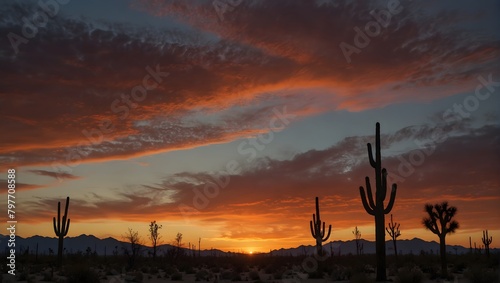 The calming dusk at a desert with cacti silhouetted against a fiery sunset ai_generated