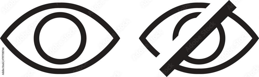 Eye vector icon. Seeing and not seeing symbols. Show password. Sight symbol logo design. Retinal scan eye icon. Eye silhouette vector design and illustration. Eye vector icon. Seeing and not seeing symbols. Show password. Sight symbol logo design. Retinal scan eye icon. Eye silhouette vector design and illustration.