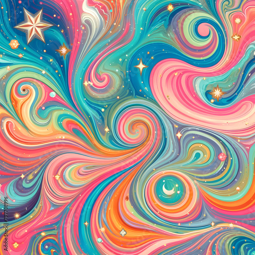 stars dot the abstract, fluid background, giving the piece a celestial, dream-like quality