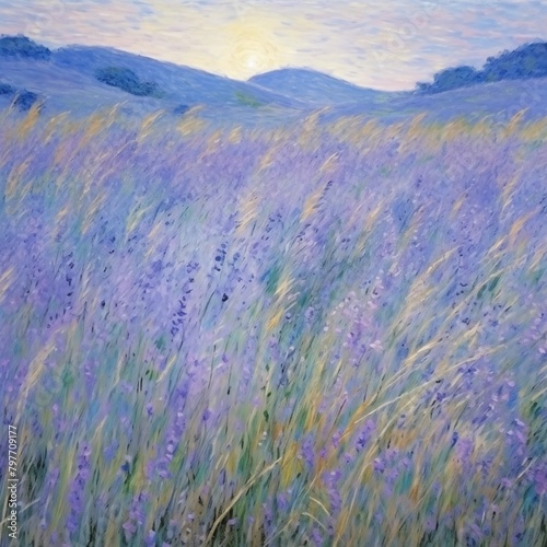 Realistic landscape, calming nature. Impressionism style art. Modern abstract painting. Beautiful sunset at wild lavender field. Wall print. AI generated, manually adjusted.	