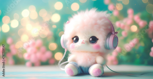 A cute doll sits and listens to music amidst flowers in the bokeh background. copy space