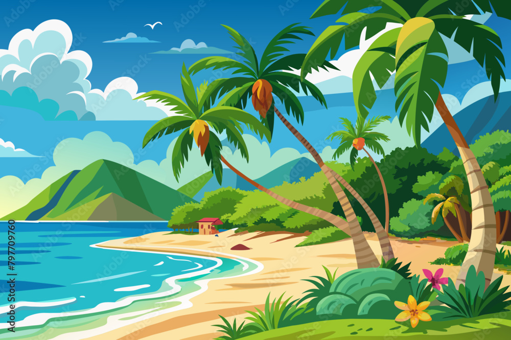 Oceanfront tropical landscape in vibrant colors. Serene beach scene with palms and clear water. Graphic illustration. Concept of holiday getaway, coastal beauty, relaxation spot, picturesque tourism.