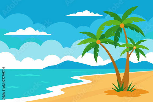 Palm-fringed coastline with tranquil waters. Graphic illustration of a sunny beach retreat. Concept of serene vacation spot, tropical holiday, scenic seaside, and exotic travel locations.