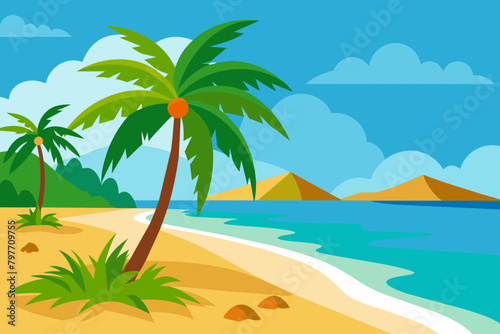 Tropical beach graphic art with palm trees and ocean view. Bright sandy shore with lush greenery and calm seas. Concept of travel, summer destinations, beach scenery, vacation paradise