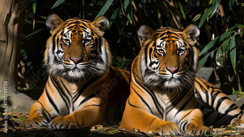 Tigers lounging in the shade, with striking orange and black stripes photo