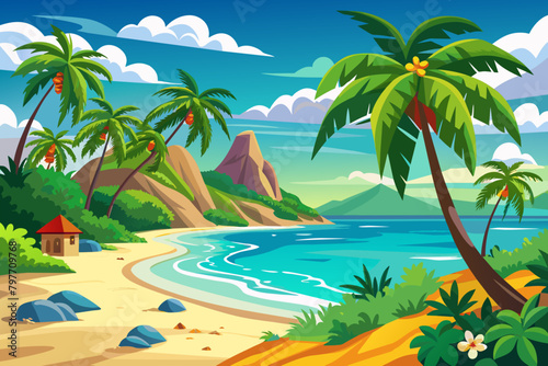 Tropical beach graphic illustration with palm trees and ocean view. Bright sandy shore with lush greenery and calm seas. Concept of travel, summer destinations, beach scenery, vacation paradise