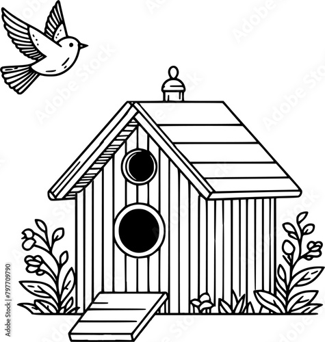 Hand drawn bird house and bird, wooden bird house 