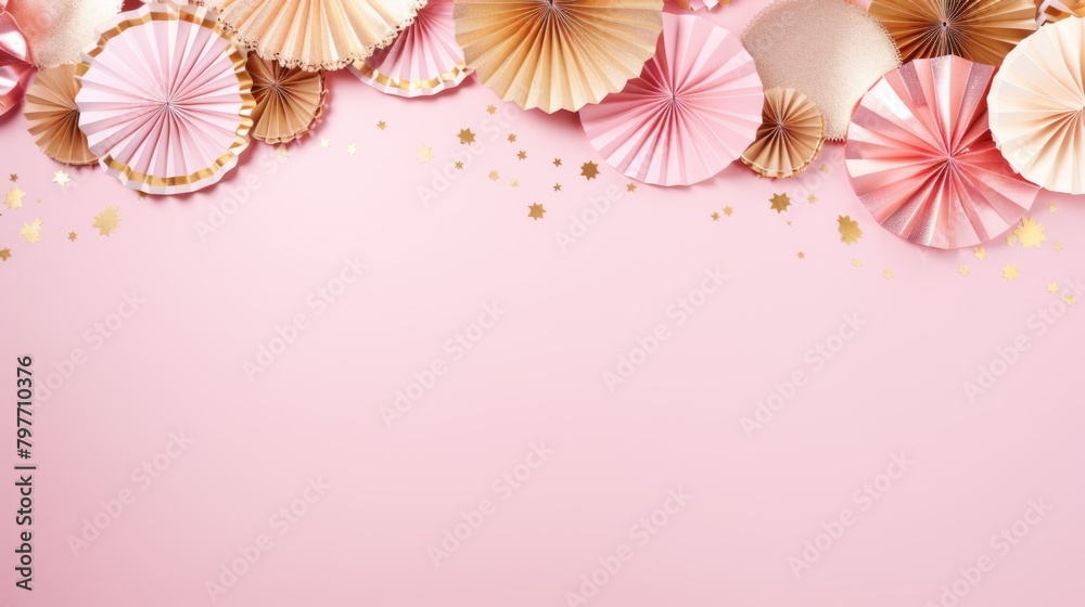 Obraz premium pink and gold confetti paper fan decoration copy space, ai