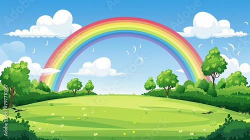 anoramic view of a vibrant rainbow arching over a lush green landscape after a refreshing rain with clear blue skies in the background