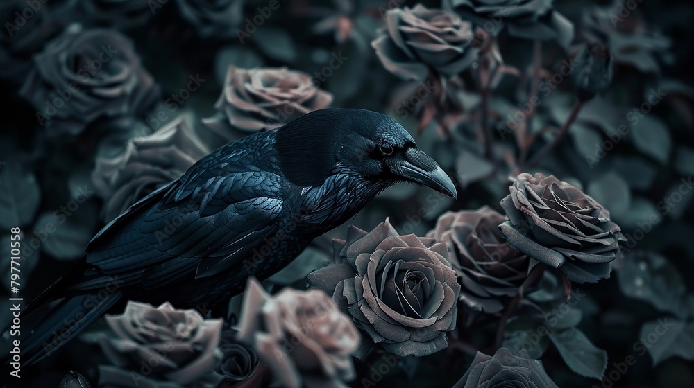 Fototapeta premium Dramatic image of a cluster of black roses with a raven sitting quietly amongst them blending seamlessly into the shadows perfect for a dark fantasy theme