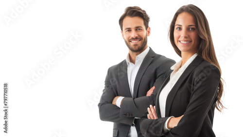 A man and a woman are posing for a picture in business attire