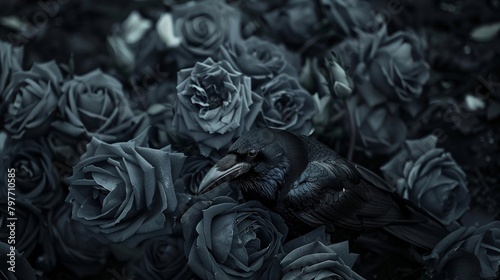 Dramatic image of a cluster of black roses with a raven sitting quietly amongst them blending seamlessly into the shadows perfect for a dark fantasy theme photo