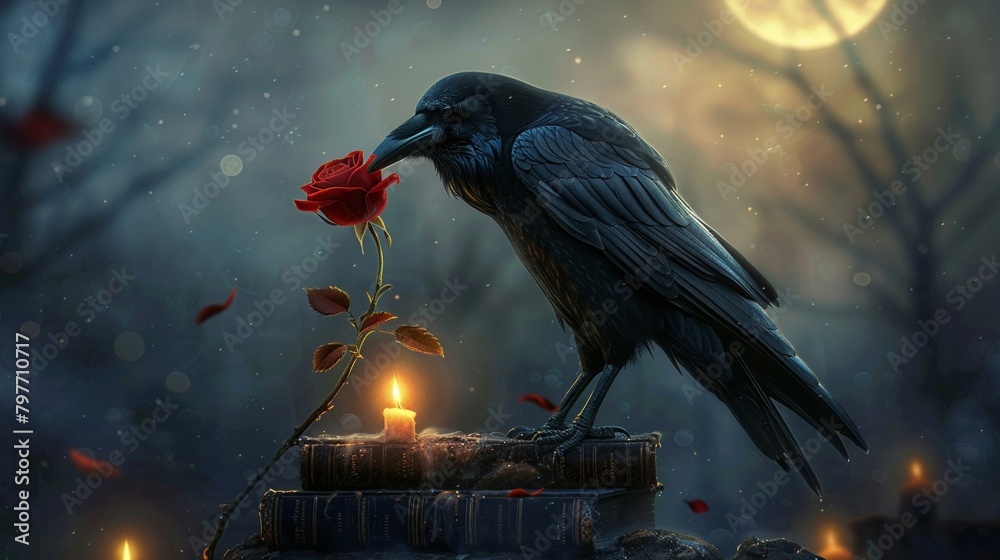 Fototapeta premium Elegant illustration of a raven holding a single red rose in its beak standing on a pile of old books with soft candlelight flickering in the background