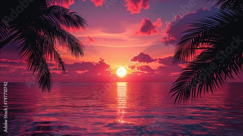 Tropical sunset over the ocean with silhouettes of palm tr