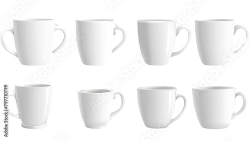 A row of six white cups, each with a different shape and size