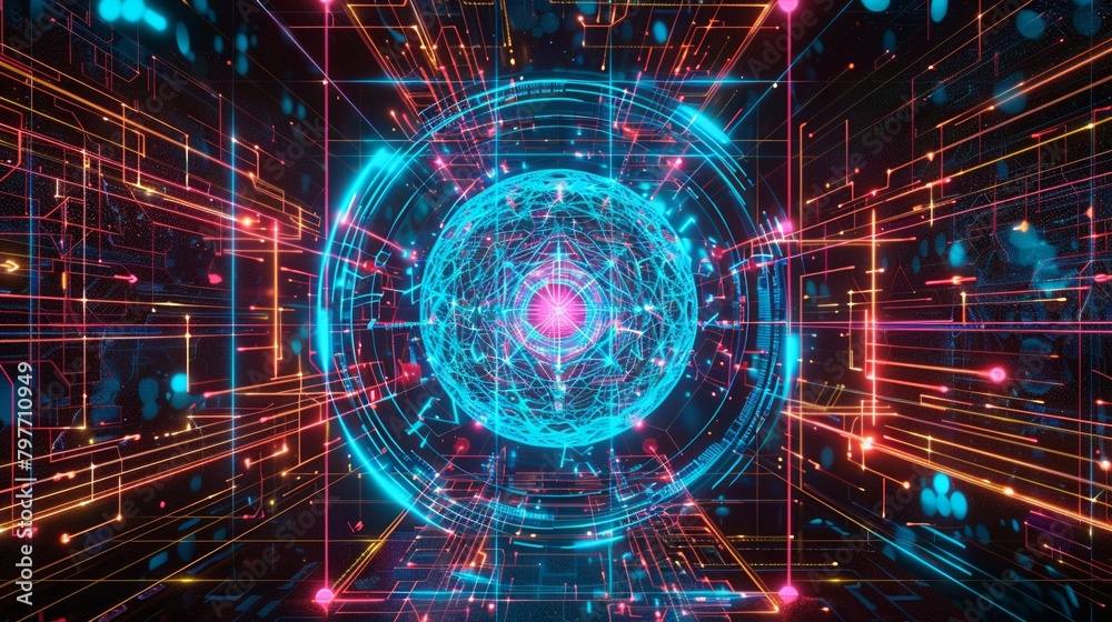 Obraz premium Mechanical art in 3D hologram wireframe illuminated by random color neon lights with a glowing quantum core backdrop