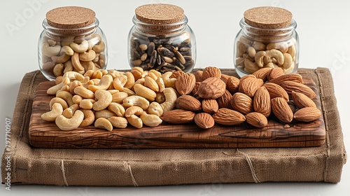 A tempting selection of nuts, including almonds, cashews, and pine nuts, arranged in an appeali