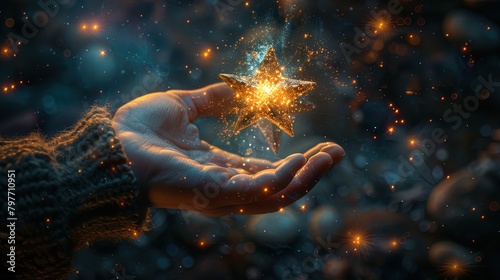 A hand reaching out to touch a shining star, representing the pursuit of creativity and inspirati