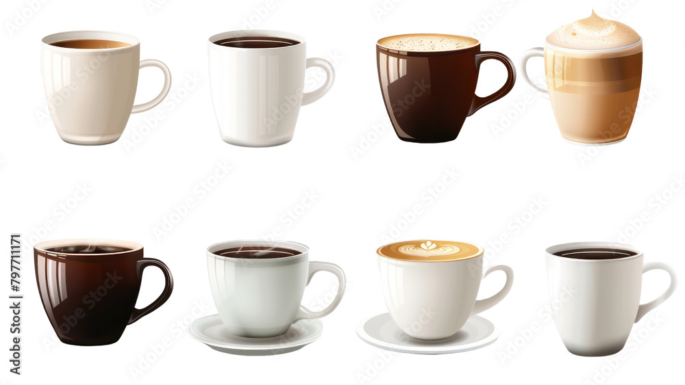A collection of coffee cups with different designs and colors A collection of coffee cups with different designs and colors