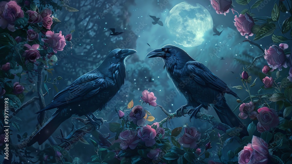 Fototapeta premium Whimsical scene of ravens playfully interacting in a garden of oversized luminescent roses under the moonlight creating a magical otherworldly atmosphere