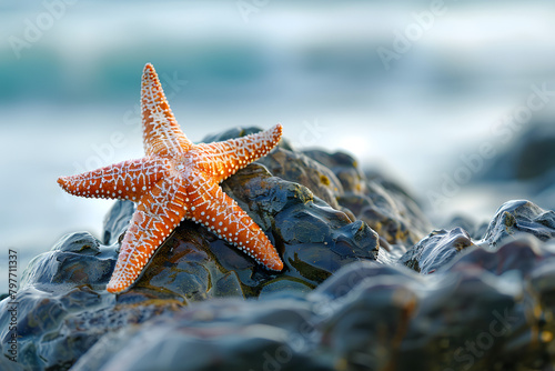 Macro shot of a starfish on a rocky coastal shore, with the tide coming in, highlighting the texture of the marine life