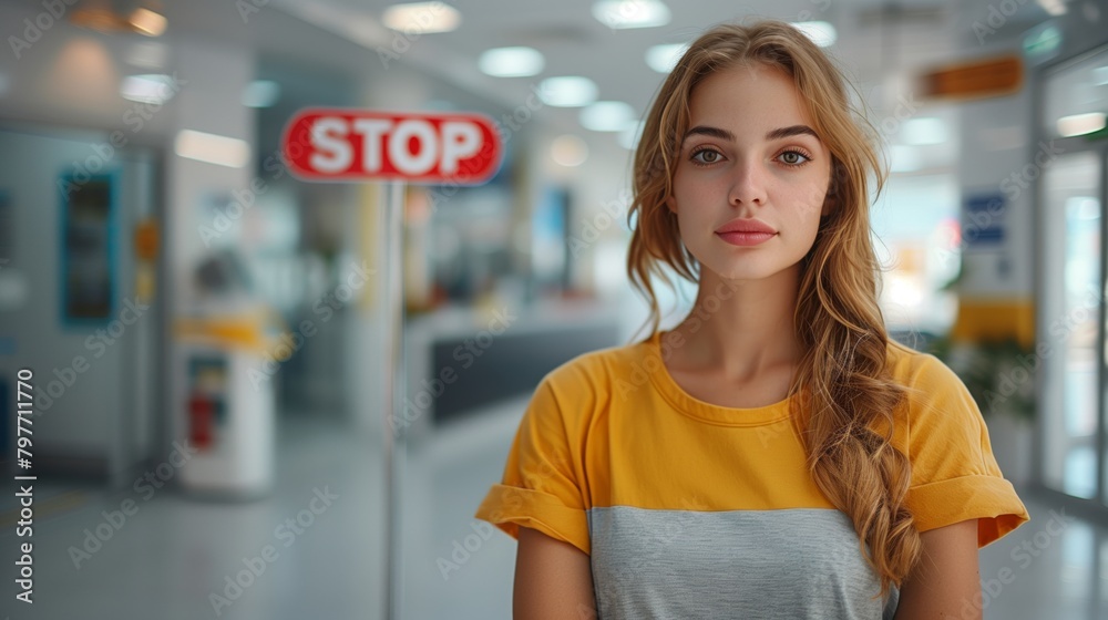 Fototapeta premium Portrait of serious woman with red stop sign with serious facial expression. Anxiety, abuse, prohibition. Сlinic, ambulance background. International Day for the Elimination of Violence against Women